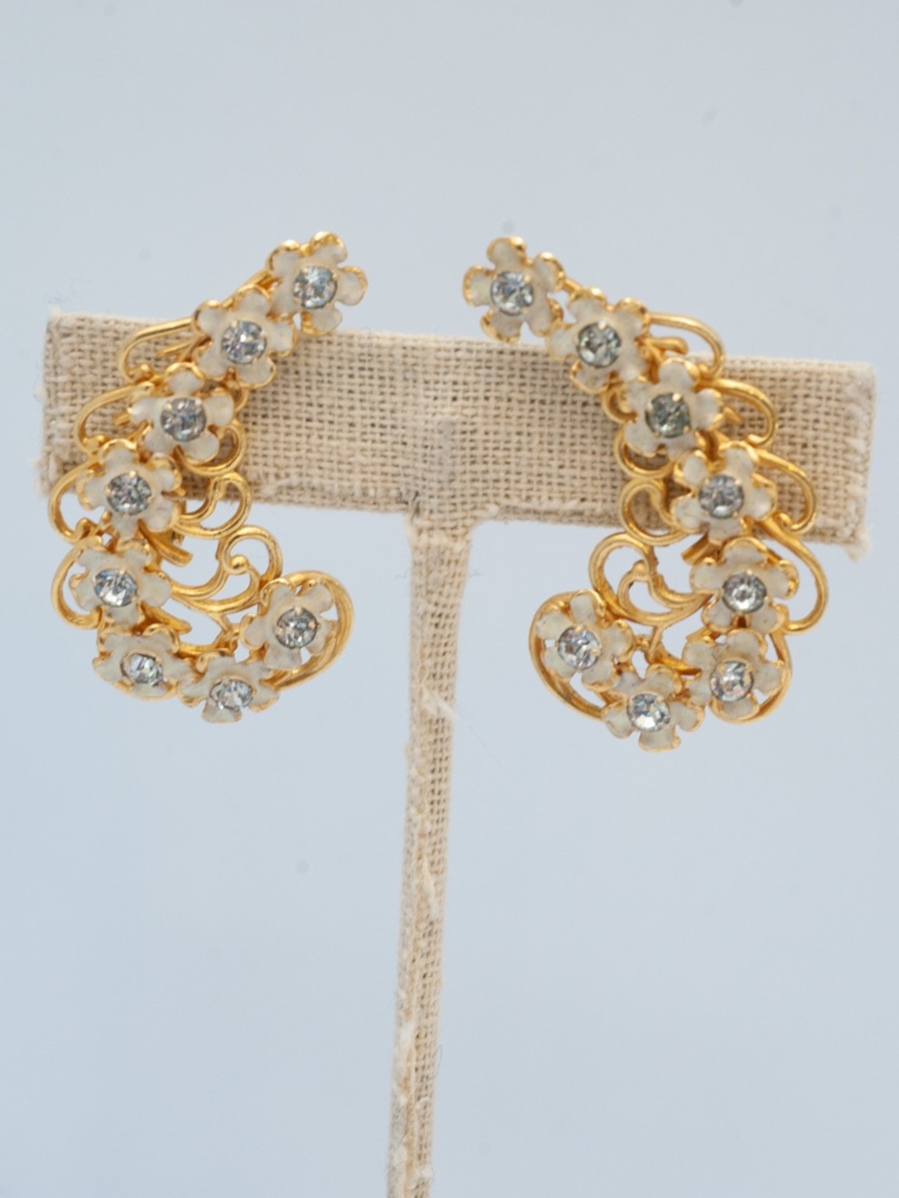 Vintage Sandor Clip-On Earrings Gold Tone Crystal & Enamel Floral Signed